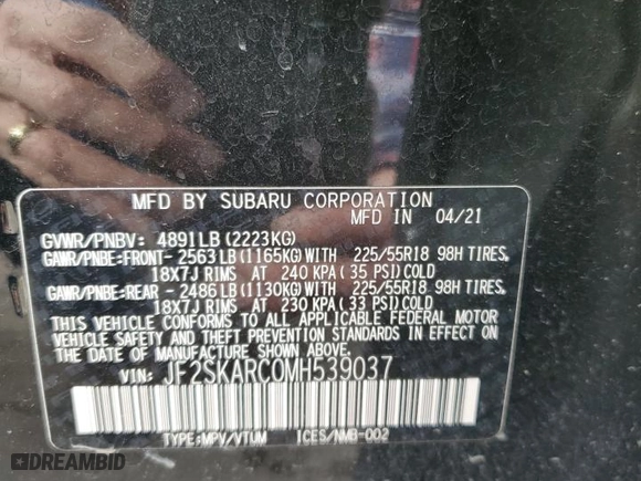 2021 Subaru Forester Sport with VIN JF2SKARC0MH539037, listed as a Copart auction lot 45042755 with NaN miles and Salvage Title. Bid and sale history available at carsss.com. Image 13.