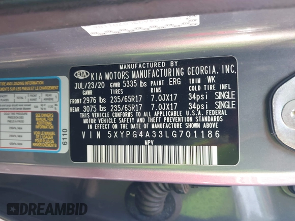 2020 Kia Sorento L with VIN 5XYPG4A33LG701186, listed as a IAAI auction lot 39941893 with 190,765 mi miles. Bid and sale history available at carsss.com. Image 9.