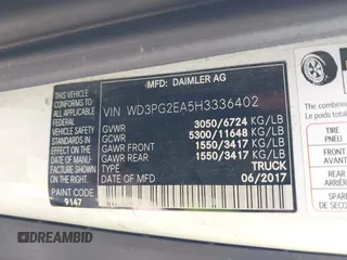2017 Mercedes-Benz Metris Cargo with VIN WD3PG2EA5H3336402, listed as a IAAI auction lot 42034017 with 90,336 mi miles and . Bid and sale history available at carsss.com. Image 9.