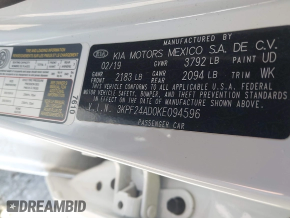 2019 Kia Forte LXS with VIN 3KPF24AD0KE094596, listed as a IAAI auction lot 41166967 with 87,665 mi miles. Bid and sale history available at carsss.com. Image 9.