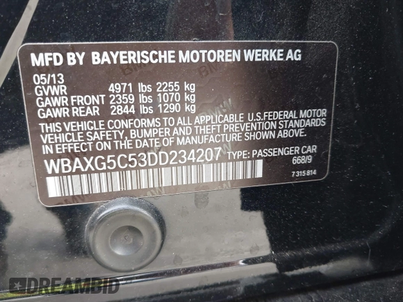2013 BMW 5 Series 528i with VIN WBAXG5C53DD234207, listed as a IAAI auction lot 41725465 with 116,891 mi miles and . Bid and sale history available at carsss.com. Image 9.