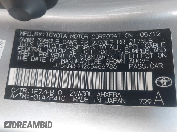 2012 Toyota Prius One with VIN JTDKN3DU2C5466786, listed as a IAAI auction lot 42090567 with 122,120 mi miles. Bid and sale history available at carsss.com. Image 9.