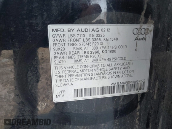 2012 Audi Q7 Premium Plus with VIN WA1LMAFE5CD007270, listed as a IAAI auction lot 42553924 with 187,890 mi miles and . Bid and sale history available at DreamBid. Image 9.