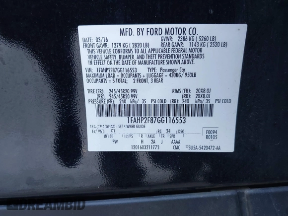 2016 Ford Taurus Limited with VIN 1FAHP2F87GG116553, listed as a IAAI auction lot 42070788 with 106,130 mi miles and . Bid and sale history available at DreamBid. Image 9.