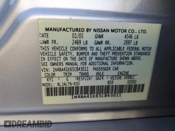 2005 Nissan Maxima 3.5 SL with VIN 1N4BA41E65C843011, listed as a Copart auction lot 72236324 with 99,629 mi miles and Salvage Title. Bid and sale history available at carsss.com. Image 13.