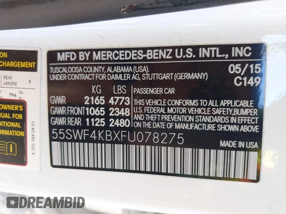 2015 Mercedes-Benz C 300 Luxury with VIN 55SWF4KBXFU078275, listed as a IAAI auction lot 41644311 with 118,429 mi miles and . Bid and sale history available at carsss.com. Image 9.