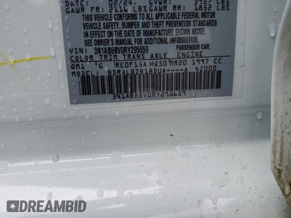 2024 Nissan Sentra S with VIN 3N1AB8BV0RY295659, listed as a Copart auction lot 57966545 with 14,927 mi miles and Salvage title. Bid and sale history available at DreamBid. Image 12.