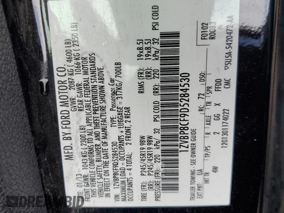 2013 Ford Mustang GT with VIN 1ZVBP8CF9D5284530, listed as a Copart auction lot 50451975 with 122,735 mi miles and Salvage Title. Bid and sale history available at DreamBid. Image 14.