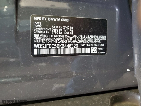 2019 BMW M5 with VIN WBSJF0C56KB448320, listed as a Copart auction lot 45788855 with 70,959 mi miles and Salvage Title. Bid and sale history available at carsss.com. Image 13.