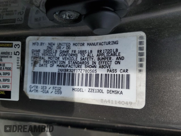 2007 Toyota Corolla CE with VIN 1NXBR32E17Z780565, listed as a Copart auction lot 52213335 with 155,947 mi miles and Salvage Title. Bid and sale history available at carsss.com. Image 12.