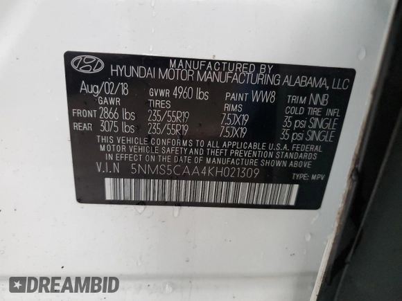2019 Hyundai Santa Fe Ultimate with VIN 5NMS5CAA4KH021309, listed as a Copart auction lot 36098413 with 76,221 mi miles. Bid and sale history available at carsss.com. Image 13.