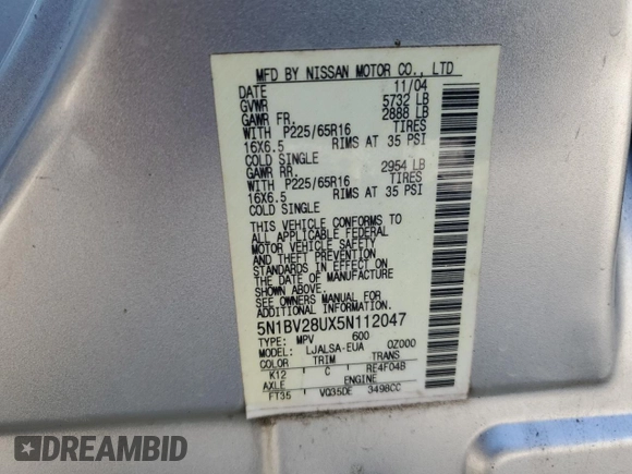 2005 Nissan Quest SL with VIN 5N1BV28UX5N112047, listed as a Copart auction lot 75661284 with 79,943 mi miles and Salvage Title. Bid and sale history available at carsss.com. Image 15.