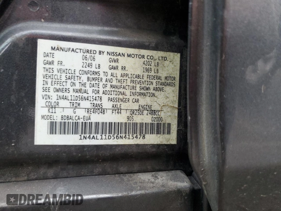 2006 Nissan Altima 2.5 with VIN 1N4AL11D56N415478, listed as a Copart auction lot 88078925 with 213,738 mi miles and Salvage Title. Bid and sale history available at carsss.com. Image 12.