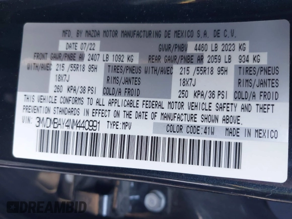 2022 Mazda CX-30 2.5 Turbo with VIN 3MVDMBAY4NM440991, listed as a IAAI auction lot 41072268 with 29,850 mi miles and . Bid and sale history available at DreamBid. Image 9.