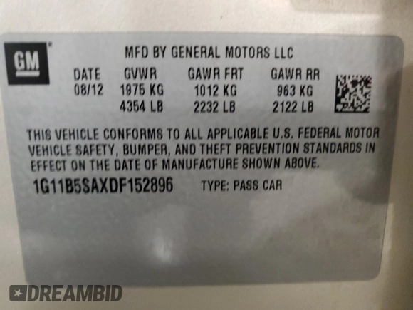 2013 Chevrolet Malibu LS with VIN 1G11B5SAXDF152896, listed as a Copart auction lot 49136065 with Not Provided miles and Salvage Title. Bid and sale history available at DreamBid. Image 14.