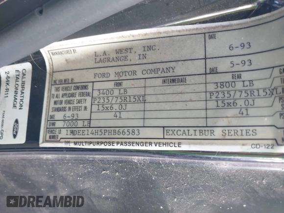 1993 Ford Econoline Cargo with VIN 1FDEE14H5PHB66583, listed as a IAAI auction lot 41905129 with 95,913 mi miles and . Bid and sale history available at DreamBid. Image 9.