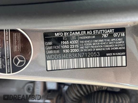 2019 Mercedes-Benz CLA 250 with VIN WDDSJ4EB3KN712053, listed as a Copart auction lot 56249105 with 70,491 mi miles and Salvage Title. Bid and sale history available at DreamBid. Image 10.