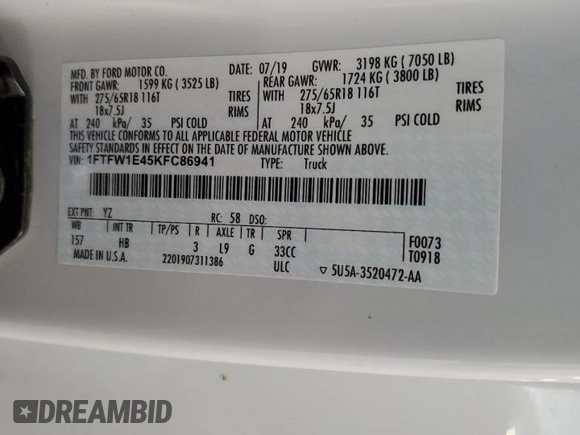 2019 Ford F-150 XL with VIN 1FTFW1E45KFC86941, listed as a Copart auction lot 57488365 with 87,241 mi miles and Salvage title. Bid and sale history available at DreamBid. Image 12.