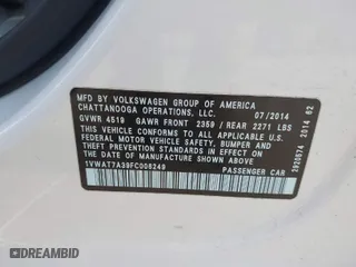 2015 Volkswagen Passat 1.8T Wolfsburg Ed with VIN 1VWAT7A39FC006249, listed as a IAAI auction lot 40204853 with 137,392 mi miles. Bid and sale history available at carsss.com. Image 9.
