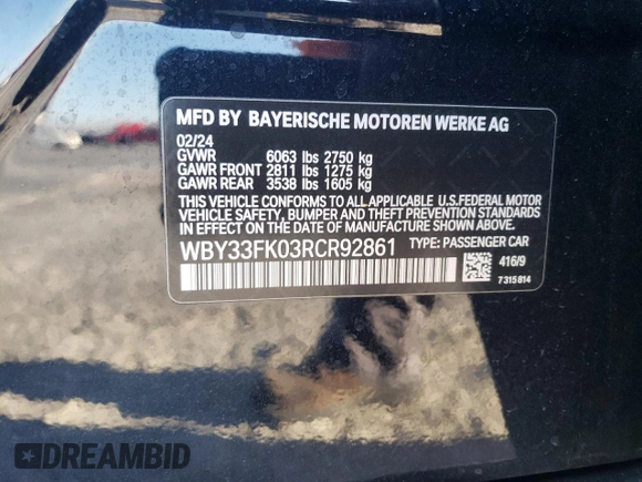 2024 BMW i5 eDrive40 with VIN WBY33FK03RCR92861, listed as a Copart auction lot 88443755 with 13,138 mi miles and Salvage title. Bid and sale history available at DreamBid. Image 14.