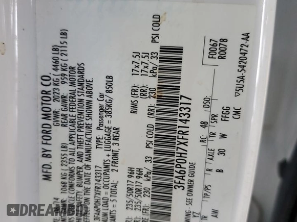 2015 Ford Fusion SE with VIN 3FA6P0H7XFR143317, listed as a Copart auction lot 46164345 with 132,229 mi miles and Non repairable. Bid and sale history available at DreamBid. Image 12.