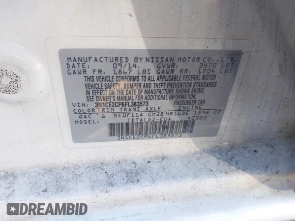 2015 Nissan Note S with VIN 3N1CE2CP6FL383573, listed as a IAAI auction lot 41560815 with 110,864 mi miles and . Bid and sale history available at DreamBid. Image 9.