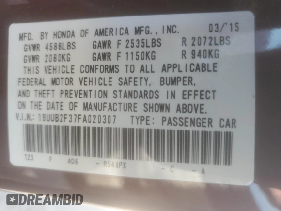 2015 Acura TLX V6 with VIN 19UUB2F37FA020307, listed as a Copart auction lot 48229895 with 69,128 mi miles and Salvage Title. Bid and sale history available at carsss.com. Image 12.