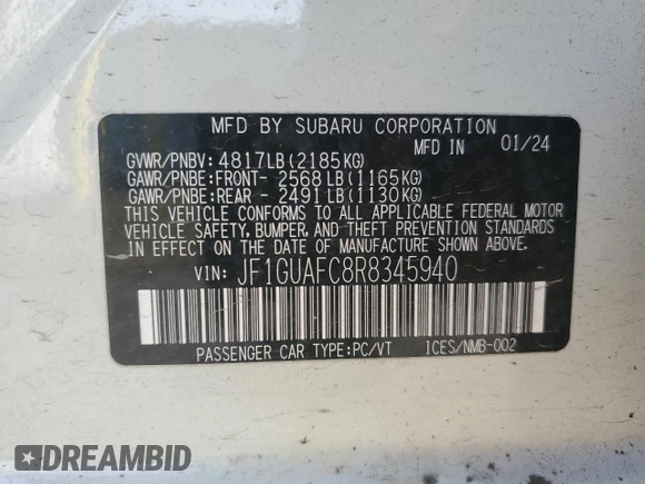 2024 Subaru Impreza Sport with VIN JF1GUAFC8R8345940, listed as a Copart auction lot 81922084 with 8,935 mi miles and Salvage Title. Bid and sale history available at carsss.com. Image 12.