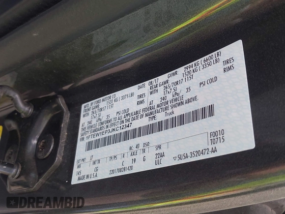 2018 Ford F-150 XL with VIN 1FTEW1EP3JKC12347, listed as a IAAI auction lot 42671554 with 177,086 mi miles and . Bid and sale history available at DreamBid. Image 9.