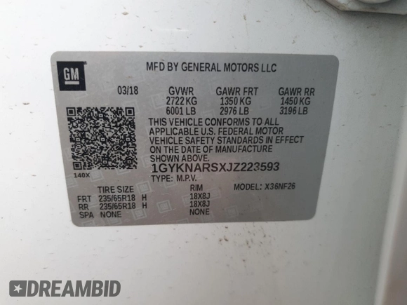 2018 Cadillac XT5 FWD with VIN 1GYKNARSXJZ223593, listed as a Copart auction lot 54414045 with 48,097 mi miles and Salvage title. Bid and sale history available at DreamBid. Image 13.