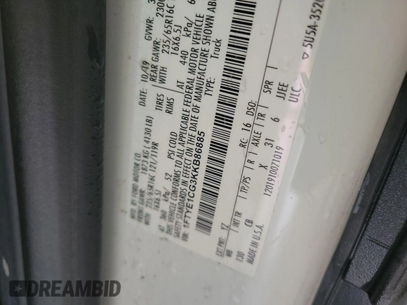 2019 Ford Transit with VIN 1FTYE1CG3KKB86885, listed as a IAAI auction lot 42907665 with 122,910 mi miles and . Bid and sale history available at DreamBid. Image 30.
