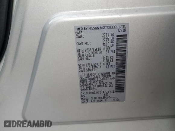 2019 Infiniti QX60 Luxe with VIN 5N1DL0MN1KC535141, listed as a Copart auction lot 52712525 with 95,192 mi miles and Salvage title. Bid and sale history available at DreamBid. Image 15.
