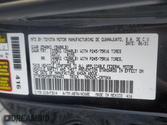 2021 Toyota Tacoma SR with VIN 3TYRX5GN9MT024483, listed as a Copart auction lot 55847115 with 22,523 mi miles and Salvage title. Bid and sale history available at DreamBid. Image 12.