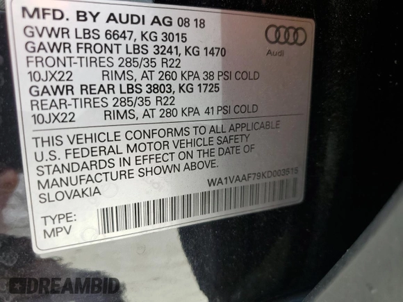 2019 Audi Q7 Prestige z VIN WA1VAAF79KD003515, wystawiony jako Copart lot #56476375 z przebiegiem 55 027 mil mil oraz Nie do naprawy • Non repairable. Historia ofert i sprzedaży dostępna na DreamBid. Obrazek 13.