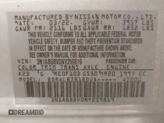2022 Nissan Sentra S with VIN 3N1AB8BV0NY259819, listed as a IAAI auction lot 41645262 with 55,011 mi miles. Bid and sale history available at carsss.com. Image 9.