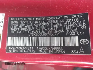 2008 Toyota Prius with VIN JTDKB20U887708775, listed as a IAAI auction lot 42012388 with 212,285 mi miles and . Bid and sale history available at carsss.com. Image 9.