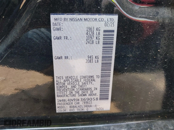 2025 Nissan Altima SV with VIN 1N4BL4DV9SN369058, listed as a IAAI auction lot 42180142 with 2,087 mi miles and . Bid and sale history available at DreamBid. Image 9.