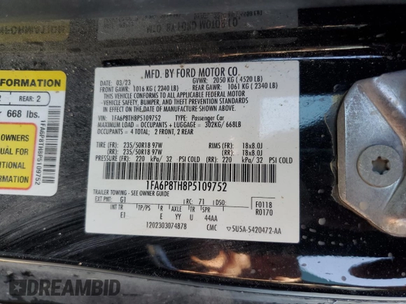 2023 Ford Mustang EcoBoost with VIN 1FA6P8TH8P5109752, listed as a Copart auction lot 56244835 with Not provided miles and Salvage title. Bid and sale history available at DreamBid. Image 13.