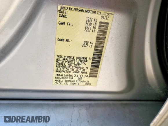 2017 Nissan Altima SV с VIN 1N4AL3AP5HC243134, выставлен на аукционе Copart как лот 57344805 с пробегом 116 942 миль миль и Списание • Salvage title. История ставок и продаж доступна на DreamBid. Изображение 12.