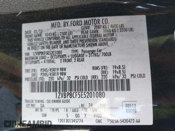 2014 Ford Mustang GT with VIN 1ZVBP8CF5E5201080, listed as a IAAI auction lot 42191392 with 42,701 mi miles and . Bid and sale history available at DreamBid. Image 9.