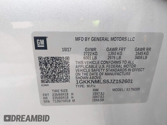 2018 GMC Acadia SLT with VIN 1GKKNMLS5JZ152601, listed as a IAAI auction lot 41801854 with 83,057 mi miles and . Bid and sale history available at DreamBid. Image 9.