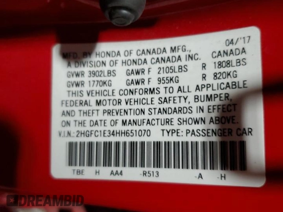 2017 Honda Civic EX-T with VIN 2HGFC1E34HH651070, listed as a Copart auction lot 81829134 with 44,690 mi miles and Clean Title. Bid and sale history available at DreamBid. Image 12.