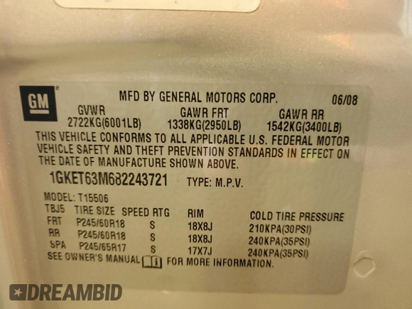 2008 GMC Envoy Denali with VIN 1GKET63M682243721, listed as a Copart auction lot 75963404 with 163,178 mi miles and Salvage Title. Bid and sale history available at DreamBid. Image 13.