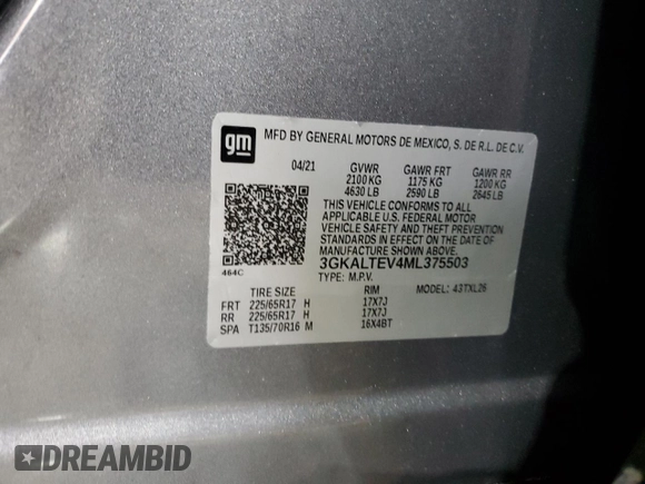 2021 GMC Terrain SLE with VIN 3GKALTEV4ML375503, listed as a Copart auction lot 43544345 with 53,887 mi miles and Salvage Title. Bid and sale history available at carsss.com. Image 13.