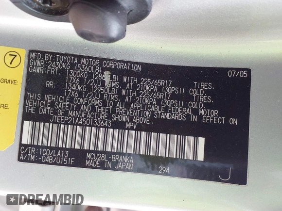 2005 Toyota Highlander z VIN JTEEP21A450133643, wystawiony jako IAAI lot #41286304 z przebiegiem 166 662 mil mil oraz . Historia ofert i sprzedaży dostępna na DreamBid. Obrazek 9.