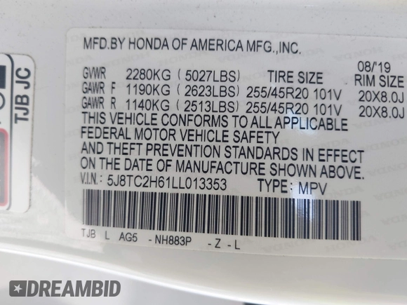 2020 Acura RDX w/A-Spec Pkg with VIN 5J8TC2H61LL013353, listed as a IAAI auction lot 42108607 with 52,481 mi miles. Bid and sale history available at carsss.com. Image 9.