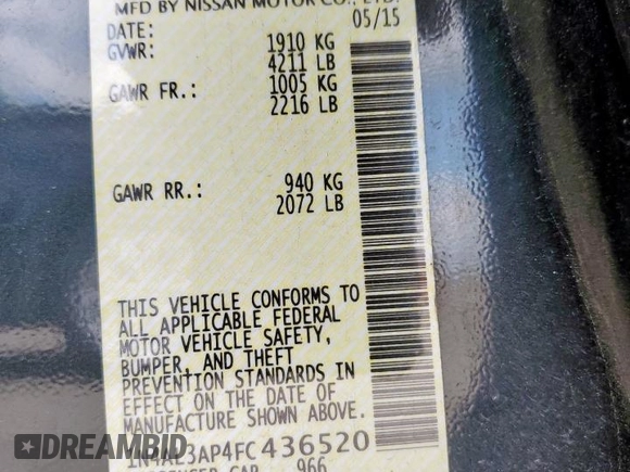 2015 Nissan Altima SL with VIN 1N4AL3AP4FC436520, listed as a Copart auction lot 60843385 with 105,778 mi miles and Clean title. Bid and sale history available at DreamBid. Image 12.