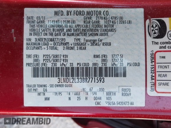 2011 Lincoln MKZ Hybrid with VIN 3LNDL2L33BR771593, listed as a IAAI auction lot 41835478 with 55,229 mi miles. Bid and sale history available at carsss.com. Image 9.