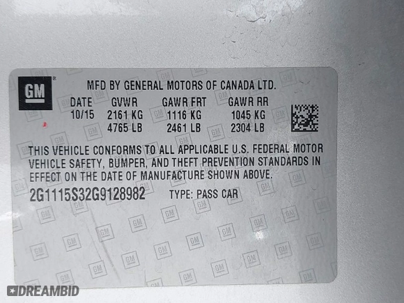 2016 Chevrolet Impala LT with VIN 2G1115S32G9128982, listed as a IAAI auction lot 41878786 with 126,871 mi miles. Bid and sale history available at carsss.com. Image 9.