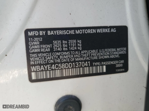 2013 BMW 7 Series 740Li with VIN WBAYE4C58DD137041, listed as a Copart auction lot 42958295 with 209,290 mi miles and Salvage Title. Bid and sale history available at carsss.com. Image 12.